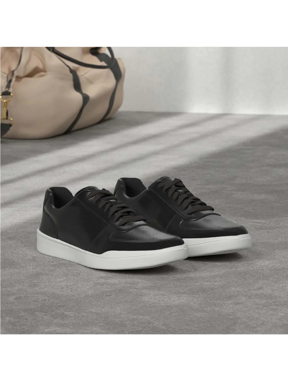 Cole Haan Men's Black Leather Low-Top Sneakers with White Sole